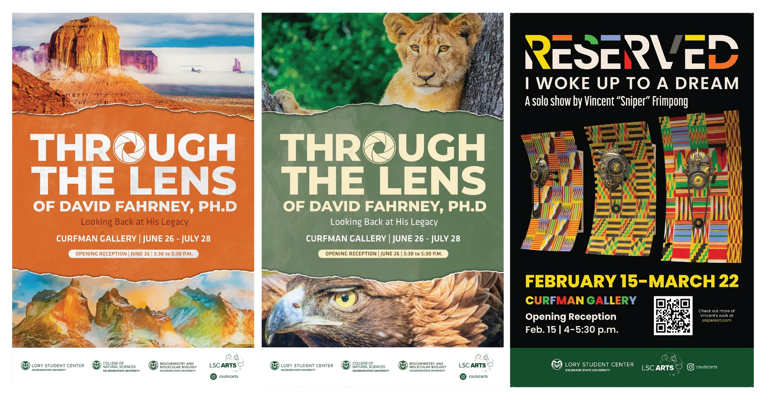 Promotional posters for art exhibitions at Curfman Gallery. The first poster advertises 'Through the Lens of David Fahrney, Ph.D.' from June 26 to July 28 with an opening reception on June 26 from 3:30 to 5:30 p.m., featuring mountain landscapes. The second poster promotes 'Researched: I Woke Up to a Dream' by Vincent "Sniper" Frimpong, running from February 15 to March 22, with an opening reception on February 15 from 4 to 5:30 p.m., featuring African patterns and art.