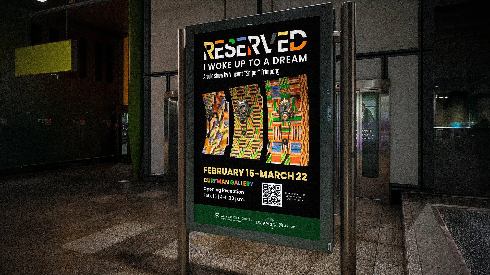 Digital poster advertising an art exhibition titled 'RESERVED: I Woke Up to a Dream' by Vincent 'Sniper' Frimpong, running from February 15 to March 22 at Curfman Gallery, featuring artwork with colorful, scratch-like patterns, with an opening reception on February 15 from 4 to 5:30 p.m., QR code, and logos of Colorado State University and the Lory Student Center Arts.