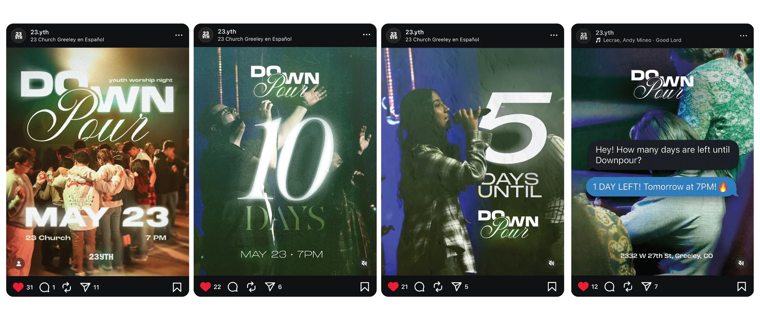 Series of four digital graphic posters promoting an event called Downpour at 23 Church Greeley on May 23 at 7 PM, with countdowns of 7, 10, 5 days left. The posters feature images of young people singing and talking, and include text updates and a messaging conversation.