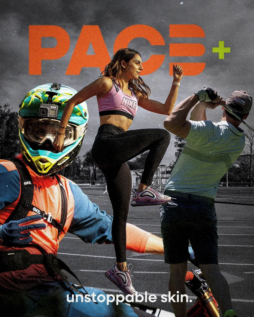 A woman in sporty attire, with a pink Nike top and black leggings, is being lifted by two men. She is in an outdoor parking lot, holding a helmet and posed like she's running or jumping. The background features a large sign that says 'PACE+' and a night sky with stars.