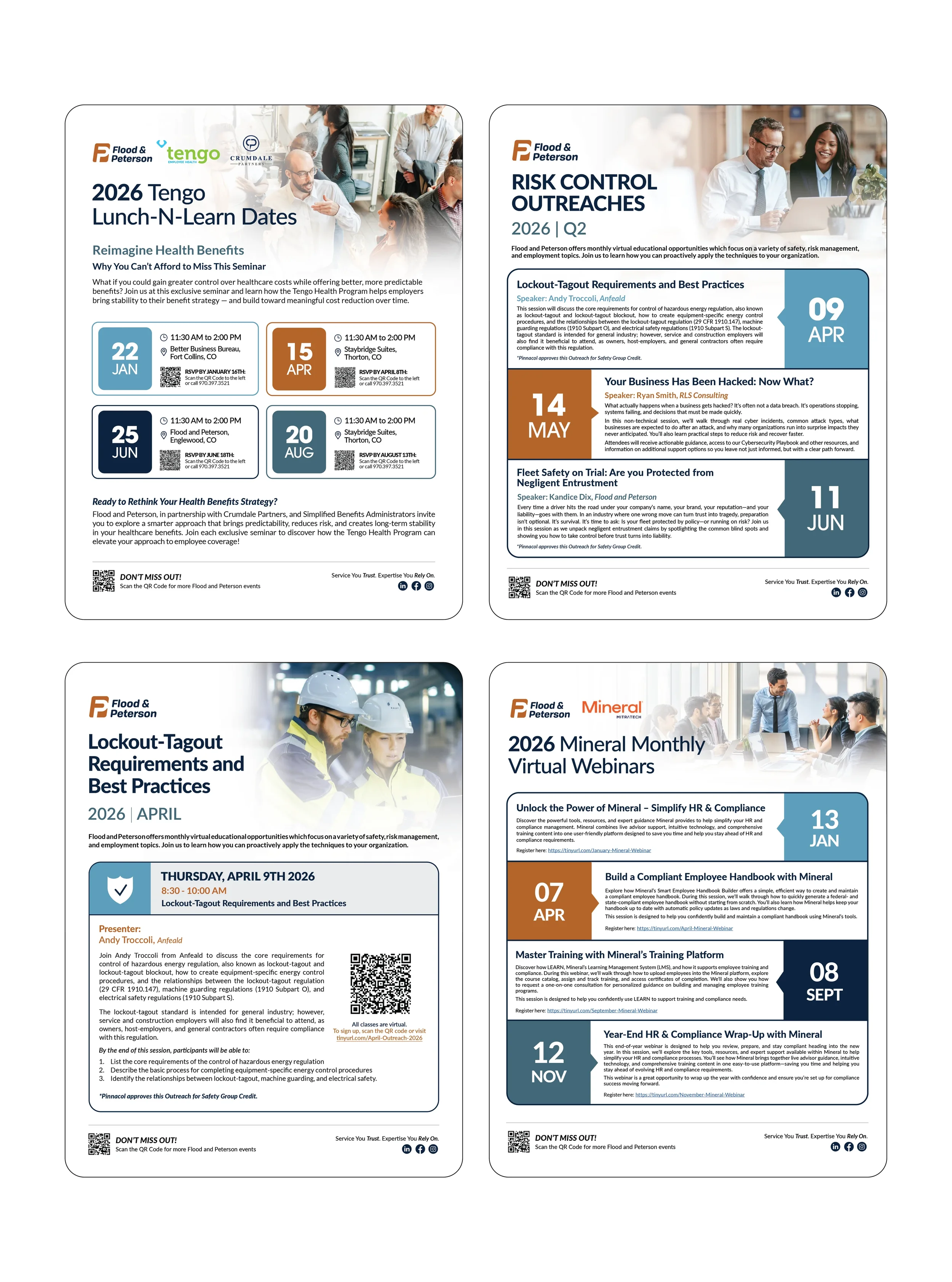 Collection of digital flyers for Flood & Peterson virtual seminars in 2026, covering topics such as health benefits, risk control, lockout-tagout procedures, mineral training, and HR compliance, with dates, times, and registration details.