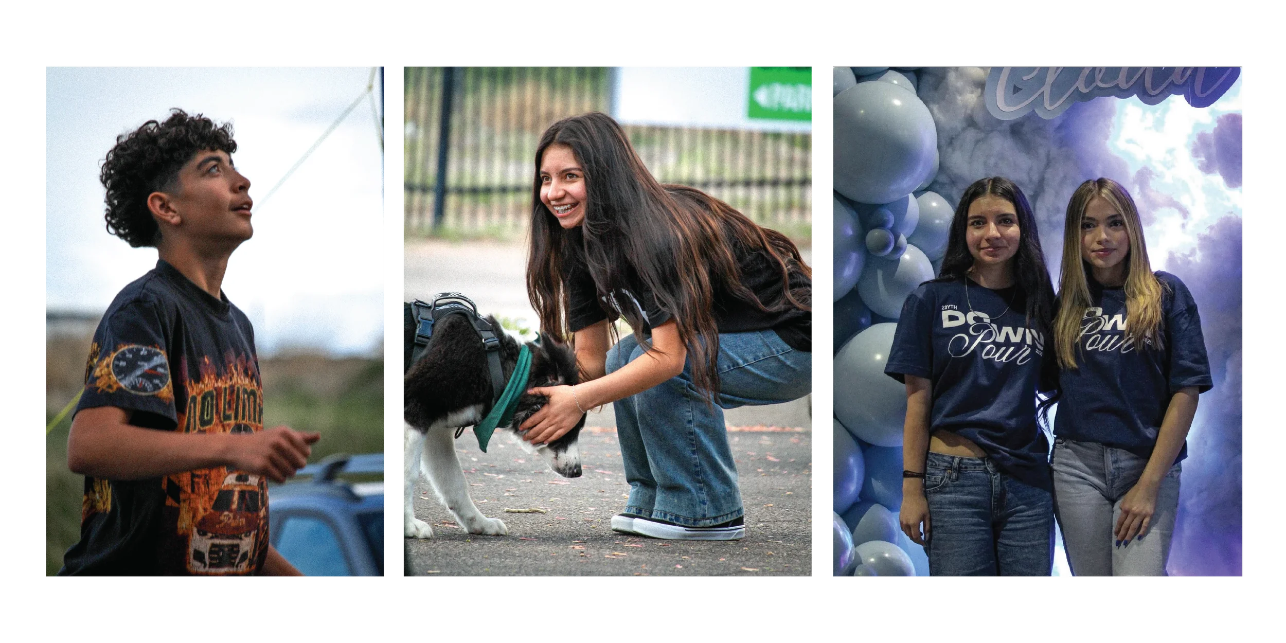 Three photographs of young people at different events: a young man outdoors looking up, a young woman playing with a dog at a park, and two young women at a casual indoor event with balloons and a backdrop.