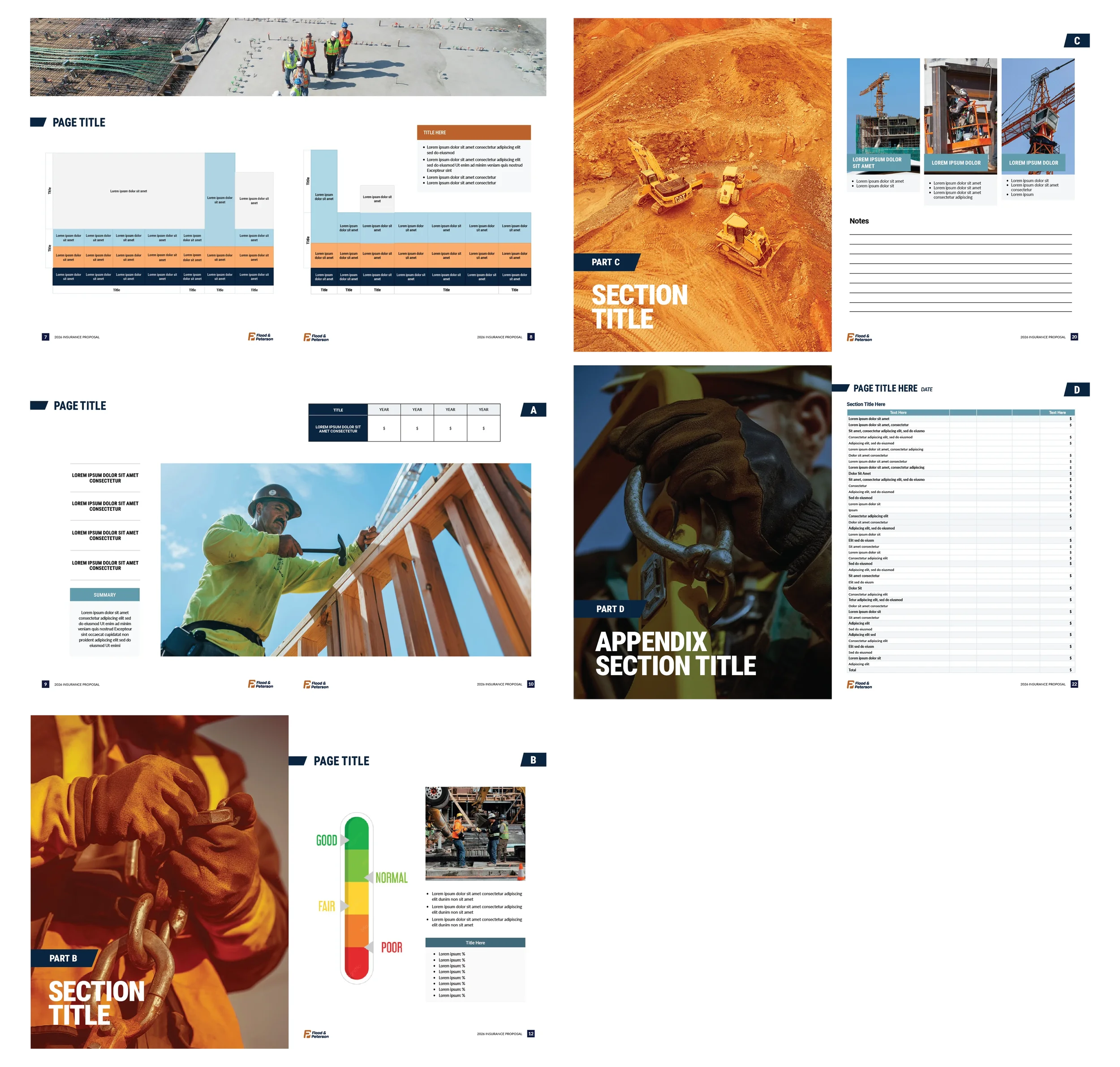 Images of construction sites with workers, machinery, and charts related to construction progress and safety.