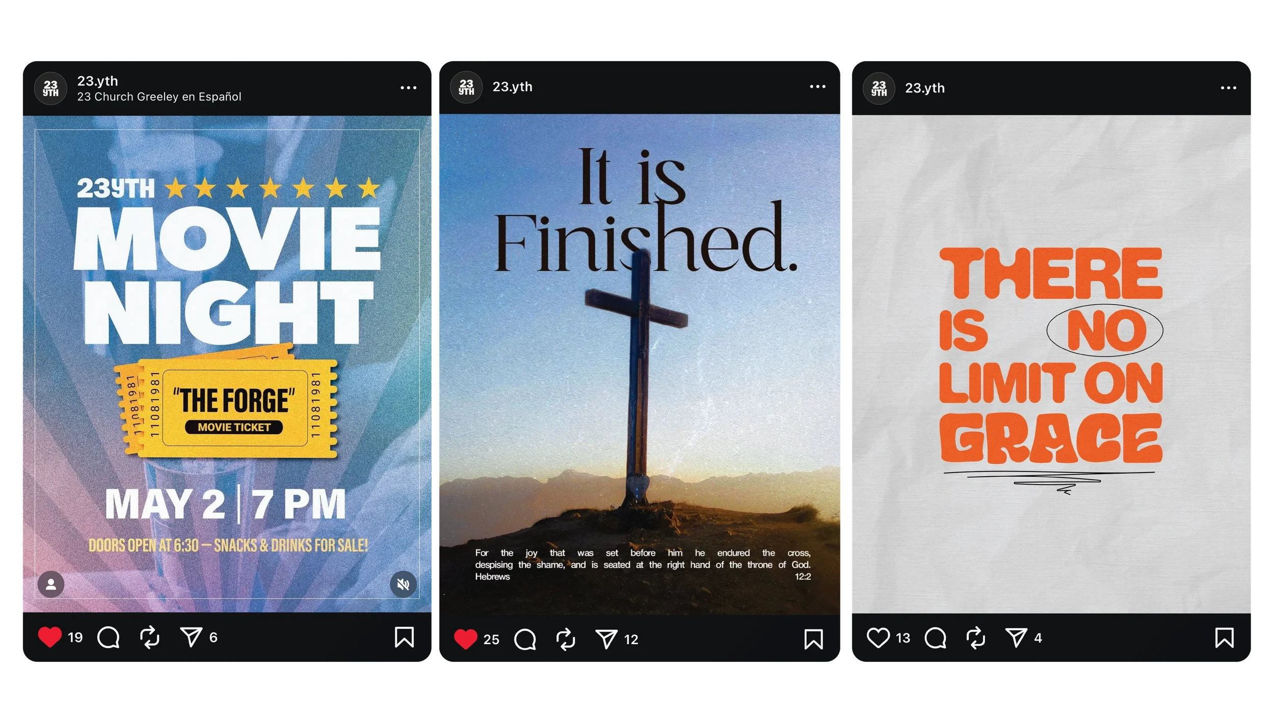 Three social media images related to a church event. The first image advertises a Movie Night at 23 Church Greeley on May 2 at 7 PM, with a ticket stub graphic. The second image shows a cross against a starry sky with the message 'It is Finished.' The third image contains the quote, 'There is no limit on grace' in bold orange text on a white background.