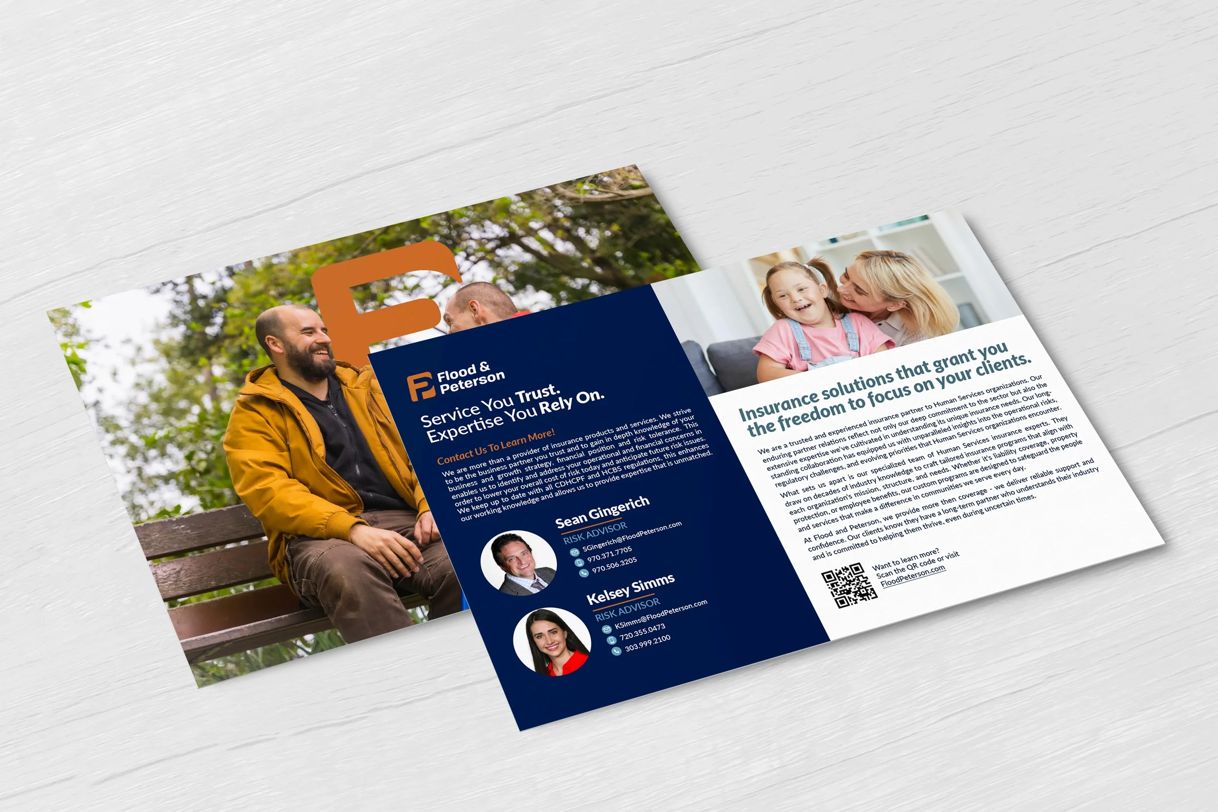 Brochure flyer for Flood & Peterson insurance company featuring a photo of a man in a yellow jacket and a woman with a girl sitting on a park bench, and information about insurance services and contact details for three agents.