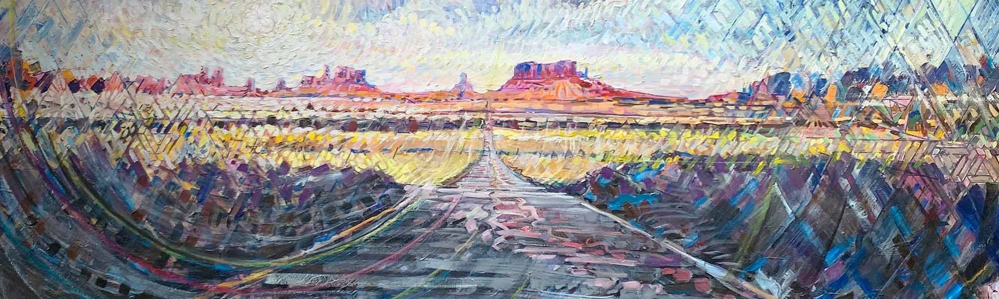 An abstract painting of a desert landscape with mesas and buttes in the background, painted with thick, textured brushstrokes in vibrant colors.