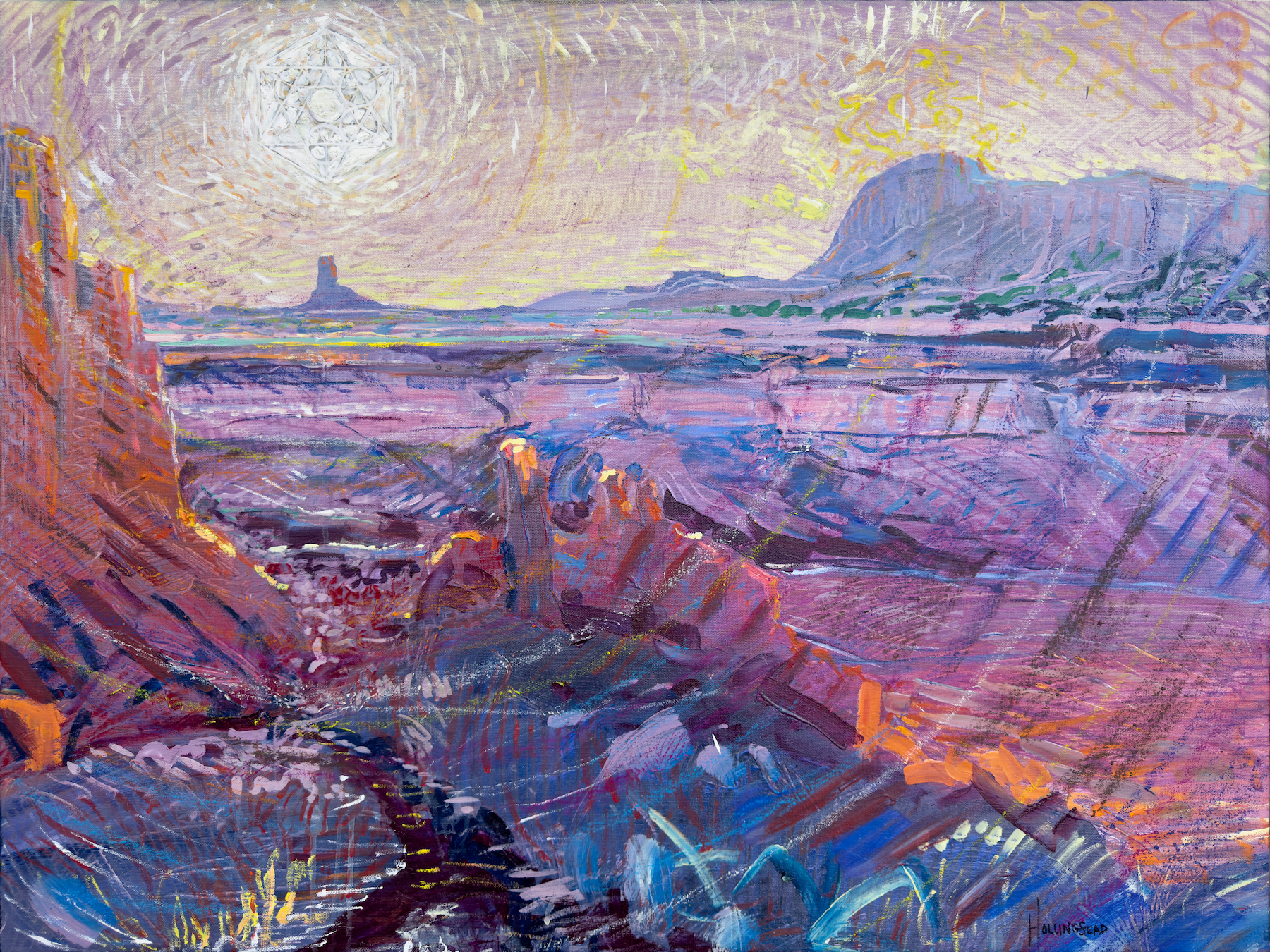 A vibrant, abstract landscape painting with a sunset or sunrise overhead, featuring purple, pink, yellow, and blue hues, depicting a desert with mountains, rock formations, and a trail or road winding through the terrain.