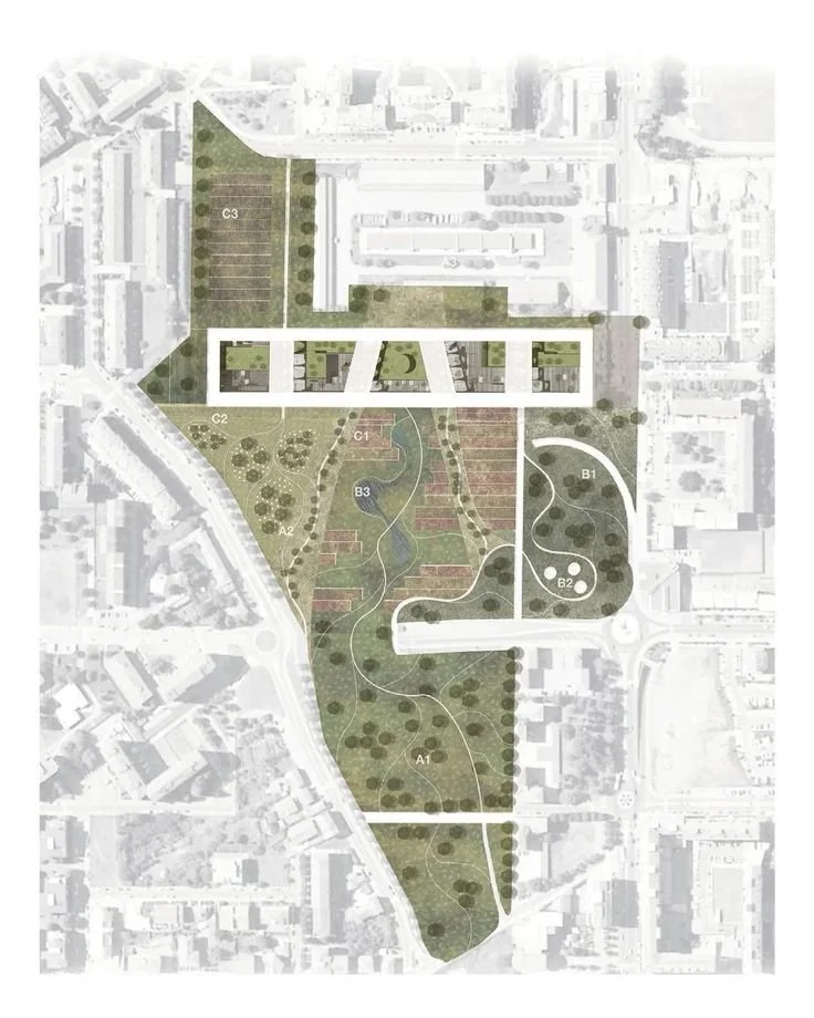 Overhead view of former golf course fairways and ponds in North Shreveport