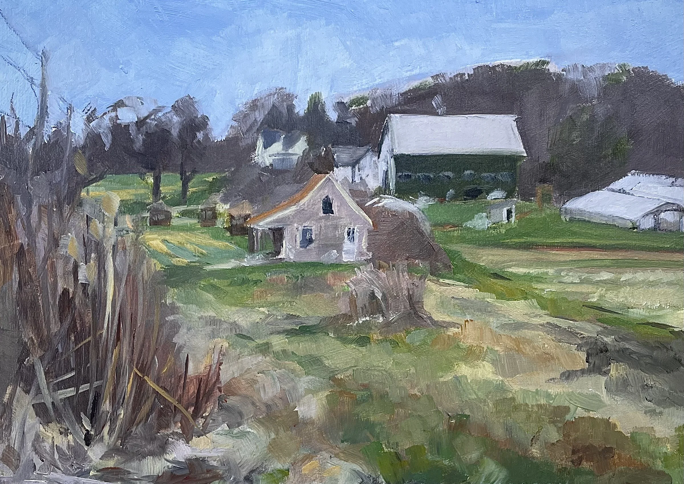 A landscape painting of a rural area with houses, trees, and a blue sky.