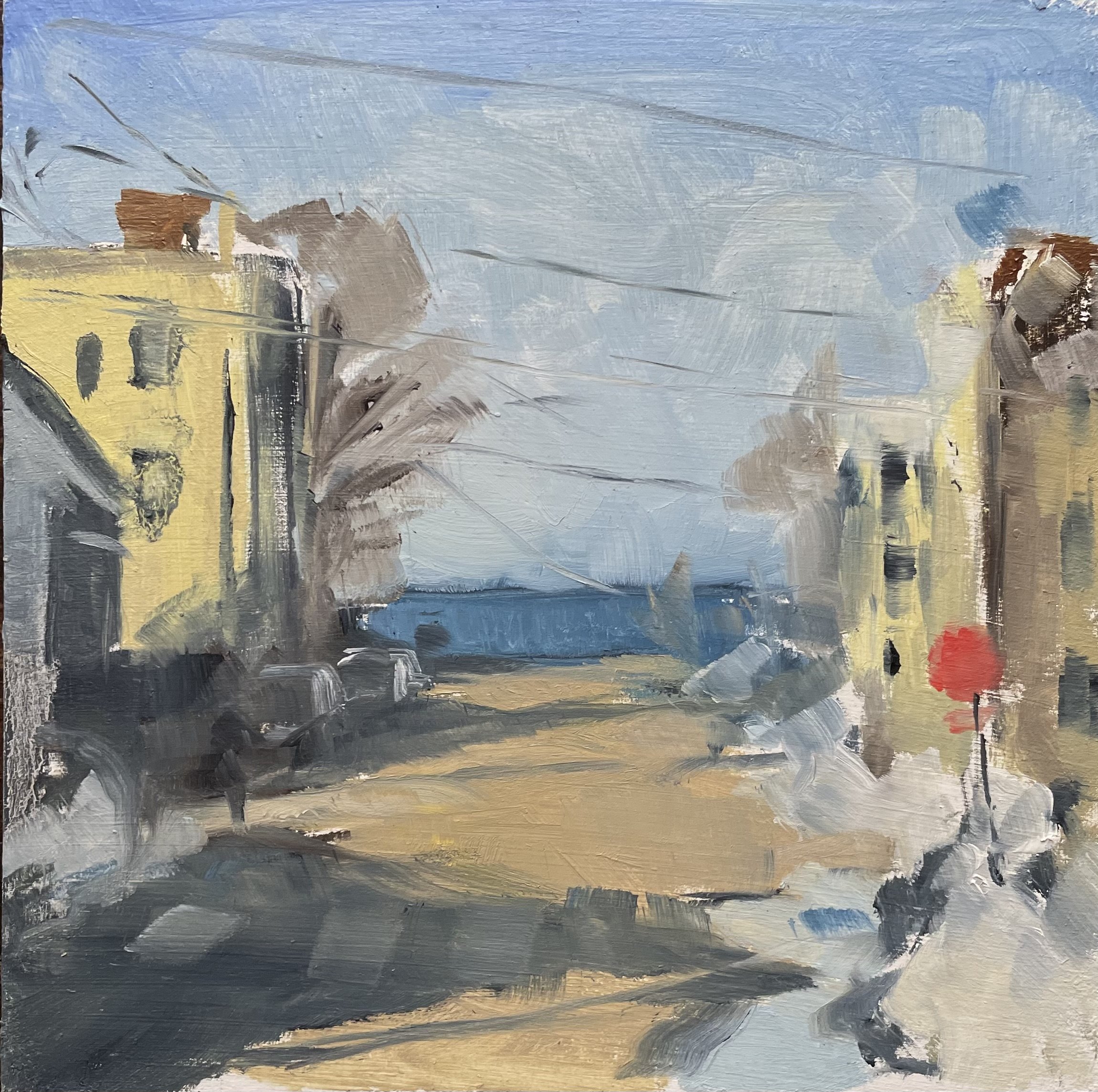 An abstract landscape painting with a dark foreground, a middle ground with yellow and brown buildings, and a light blue sky with some brushes of darker blue and white.