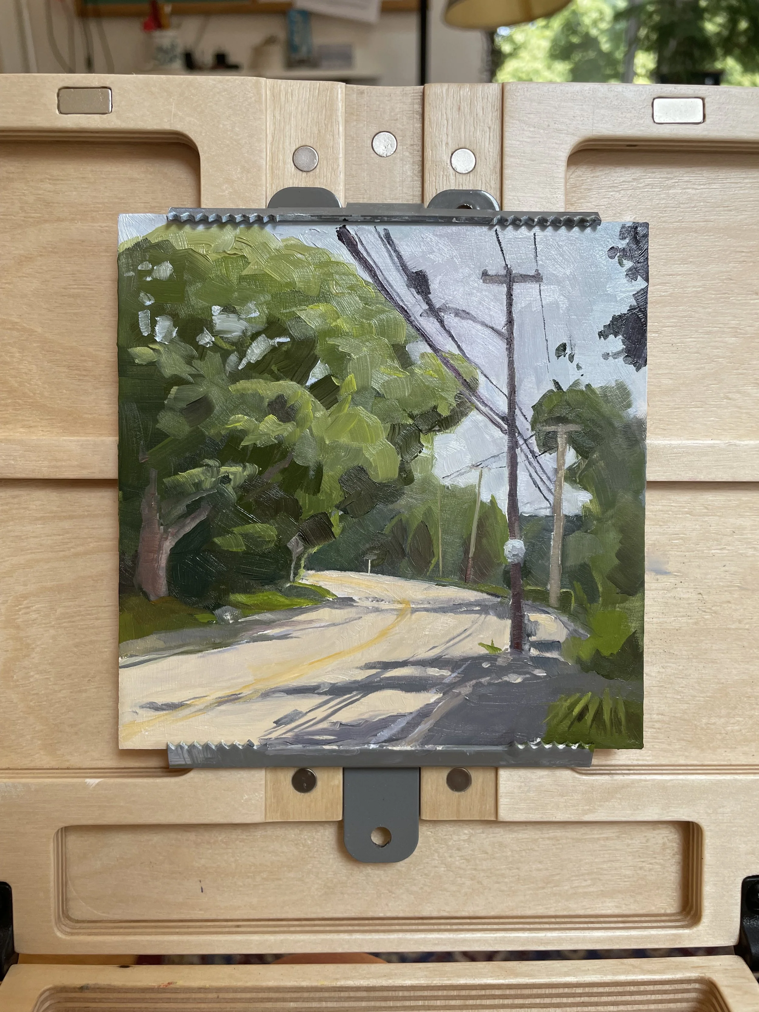 Oil painting of a street scene with trees, utility poles, and power lines under an overcast sky.