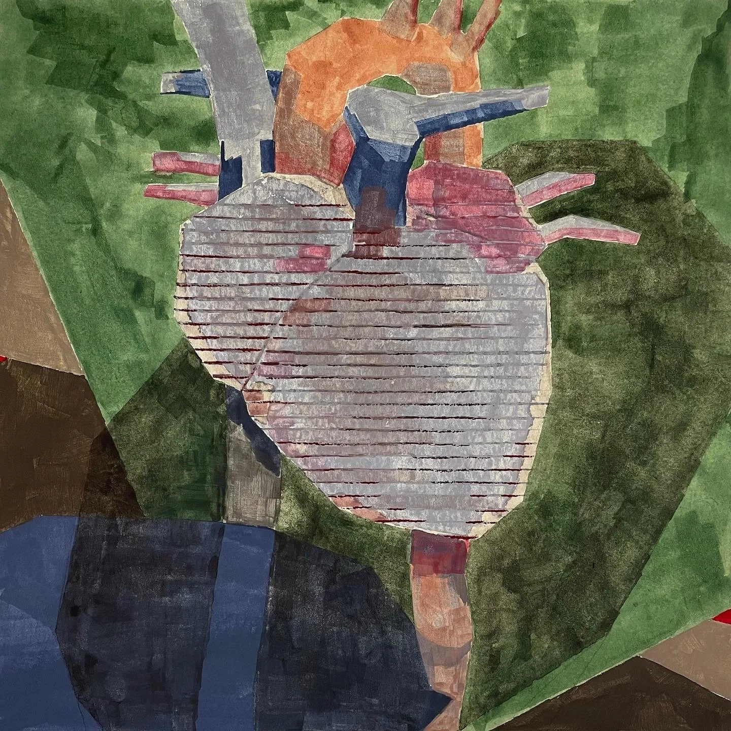 An artistic collage of a human heart painted with various colors and textured stripes, set against a patchwork background of greens, browns, blues, and other earth tones.