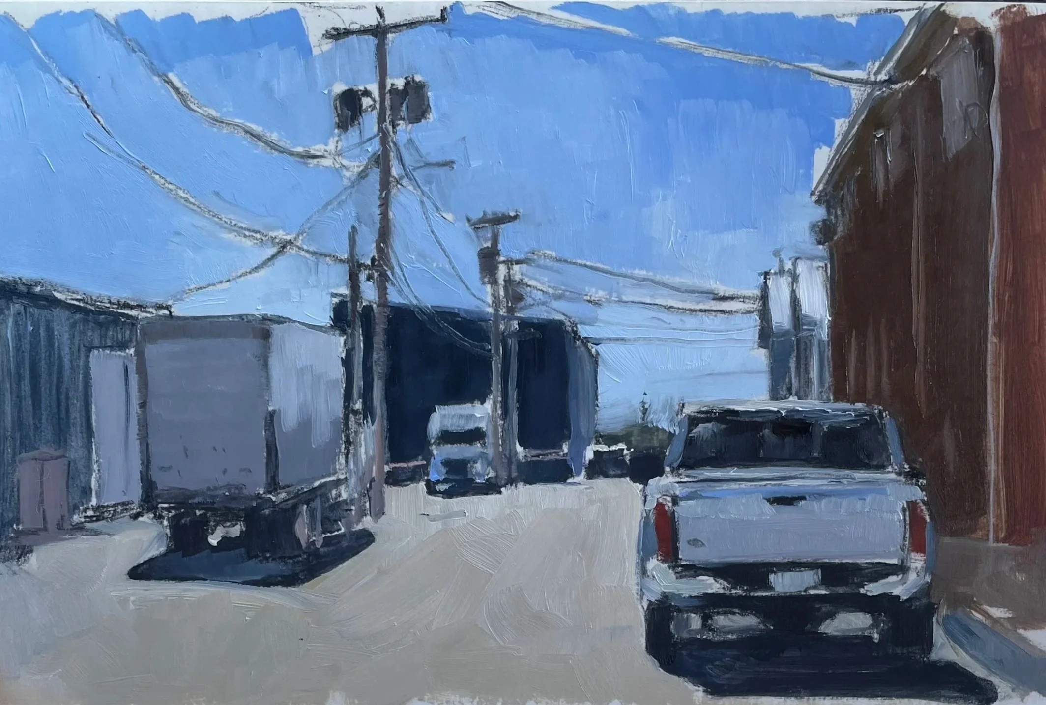 An impressionistic painting of utility poles with power lines against a blue sky, with a building on the right side and dark structures in the foreground.