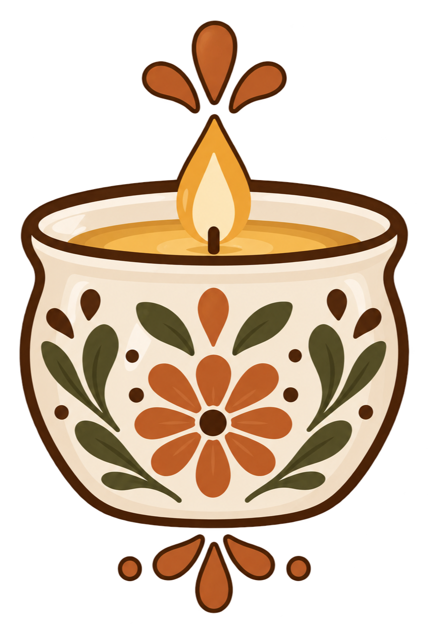 Illustration of a decorative candle with floral patterns, a flame, and falling wax droplets.