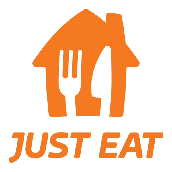 An orange house-shaped logo with a fork and knife inside, and the text "Just Eat" below.