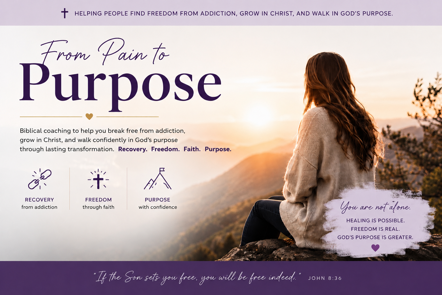 A woman sitting on a rock overlooking a sunset in a mountainous landscape, with a message about healing from addiction through faith and purpose.