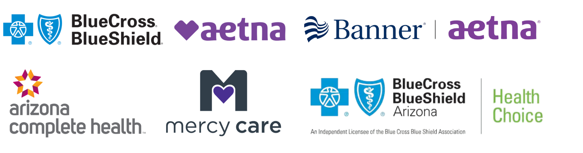 Logos of Blue Cross Blue Shield Arizona, Aetna, Banner, and Health Choice Arizona, Mercy Care, with a central message about health care providers and insurance companies.