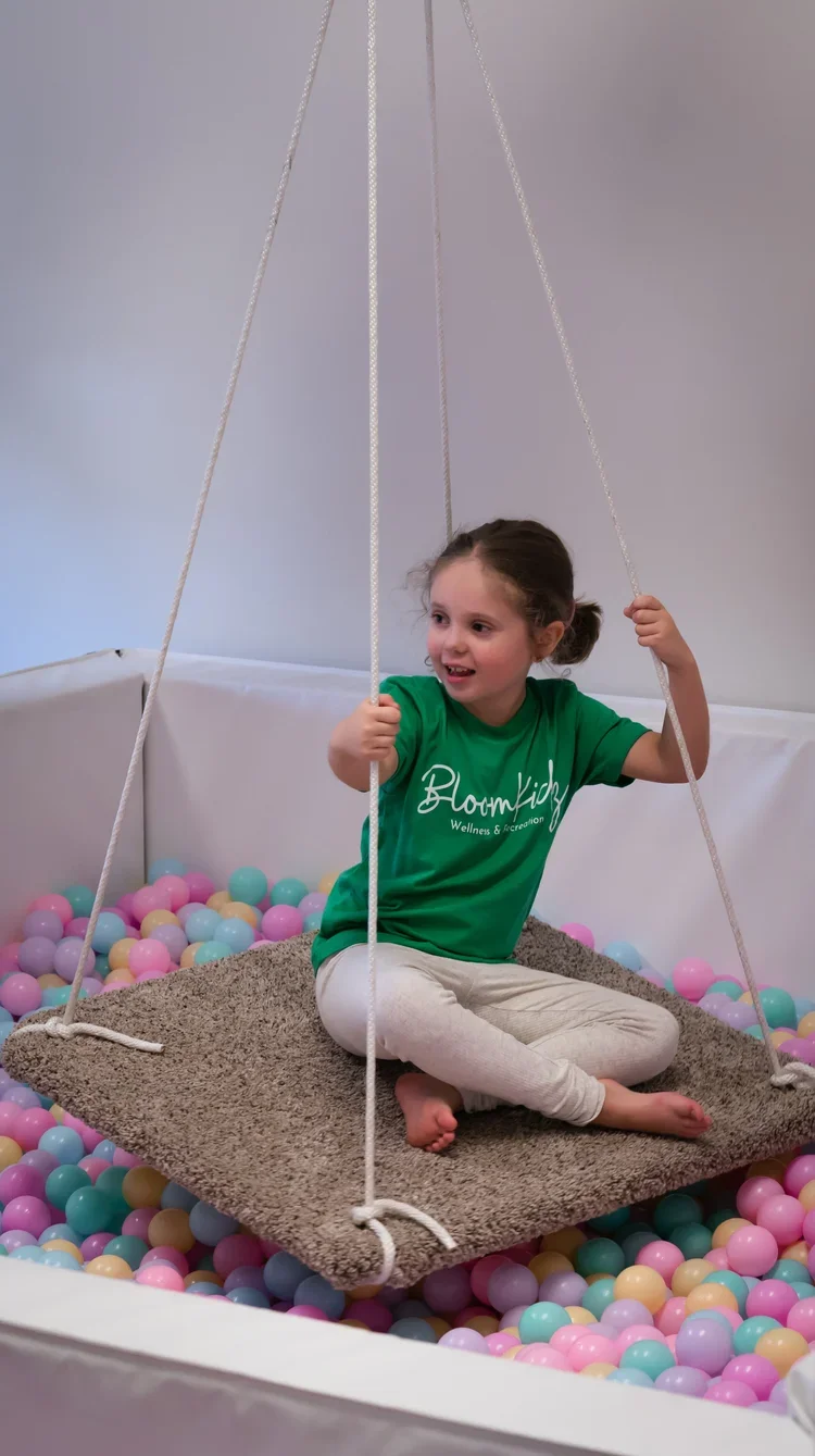 A young girl smiling and sitting on a brown swing suspended above a ball pit filled with pastel-colored plastic balls.