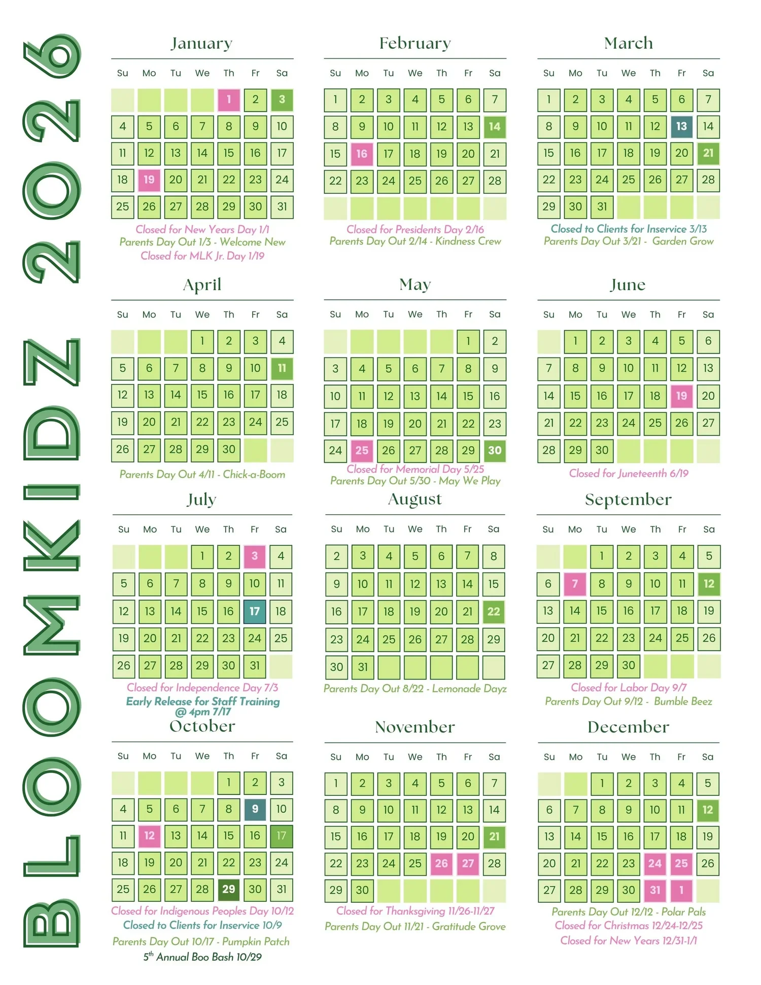 2026 calendar marked with various closures and events, including holidays, days off for staff training, and community events, with dates highlighted and notes below each month.