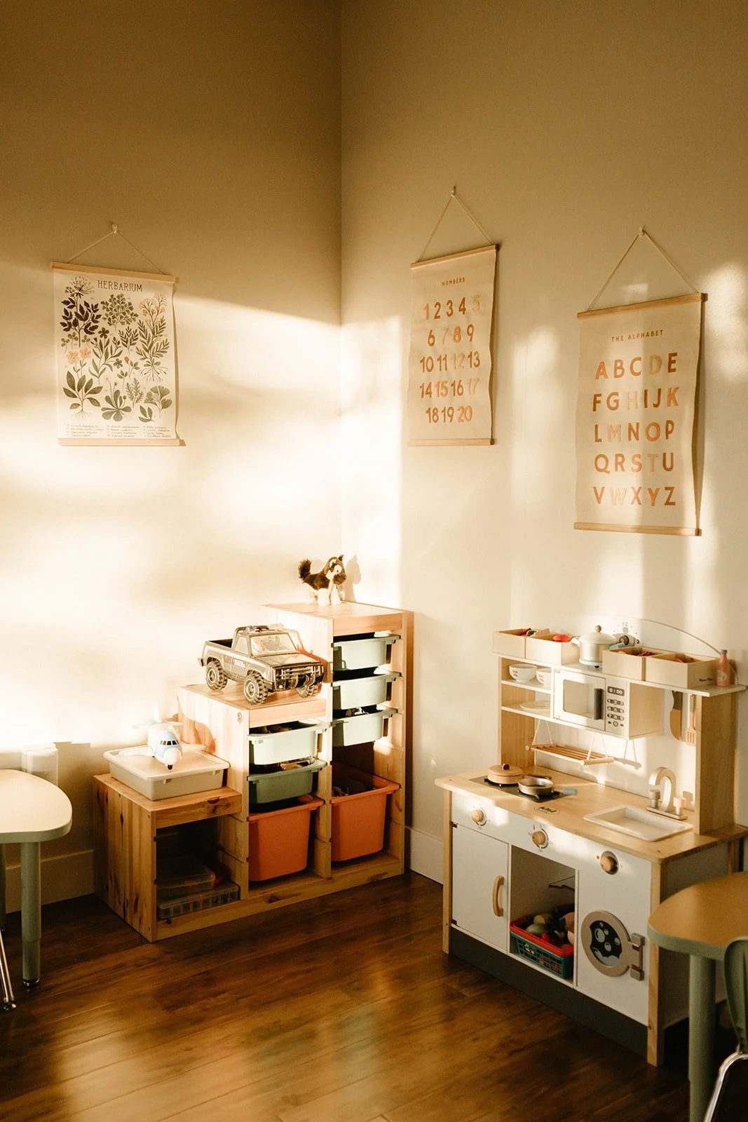 Child's playroom with educational wall posters, toy cars, a pretend kitchen set, and storage bins.