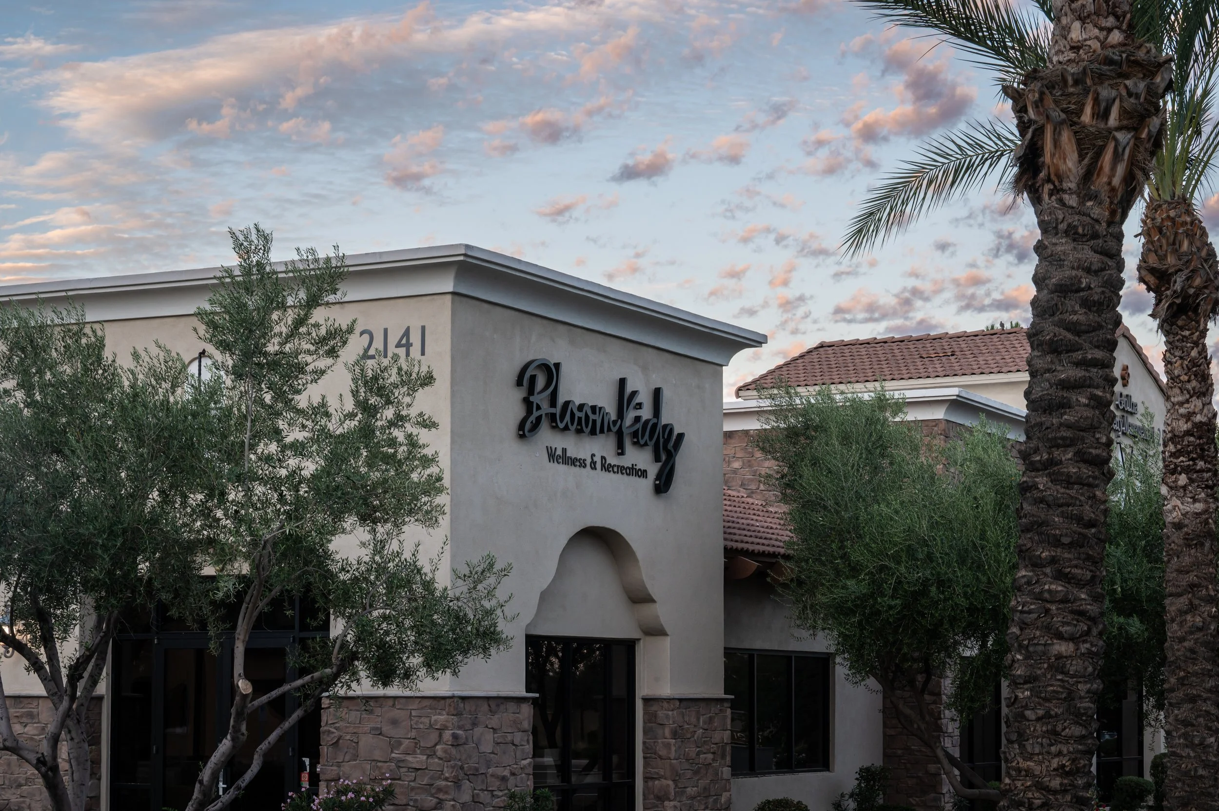 The exterior of a wellness and recreation center called BloomKidz, featuring a modern building with stone and stucco walls, large windows, surrounded by trees and palm trees, with a sky filled with clouds at sunset.