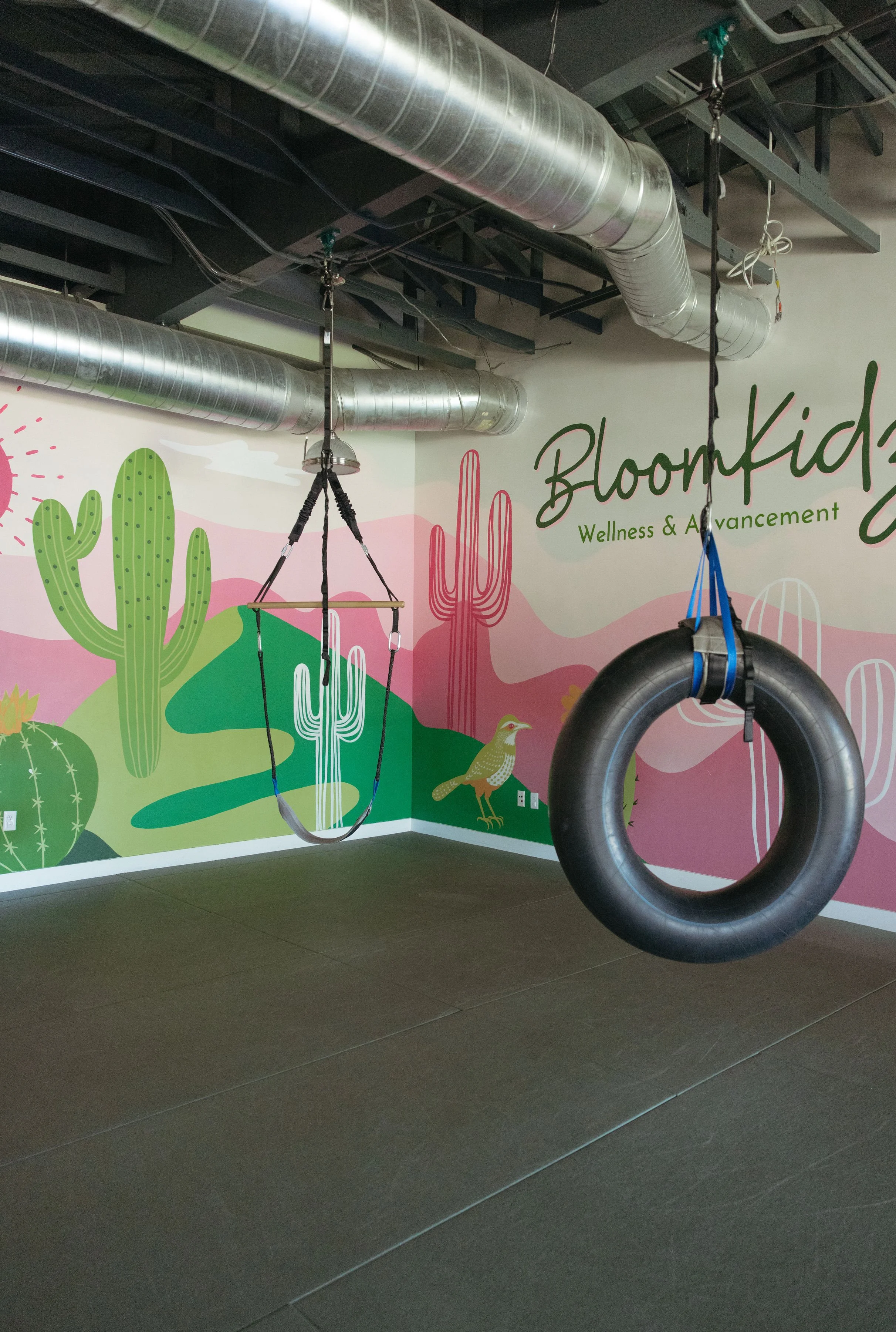 Children's indoor sensory room with hanging tire swing, padded floor, and colorful desert-themed wall art including cacti and plants at BloomKidz Wellness & Advancement.