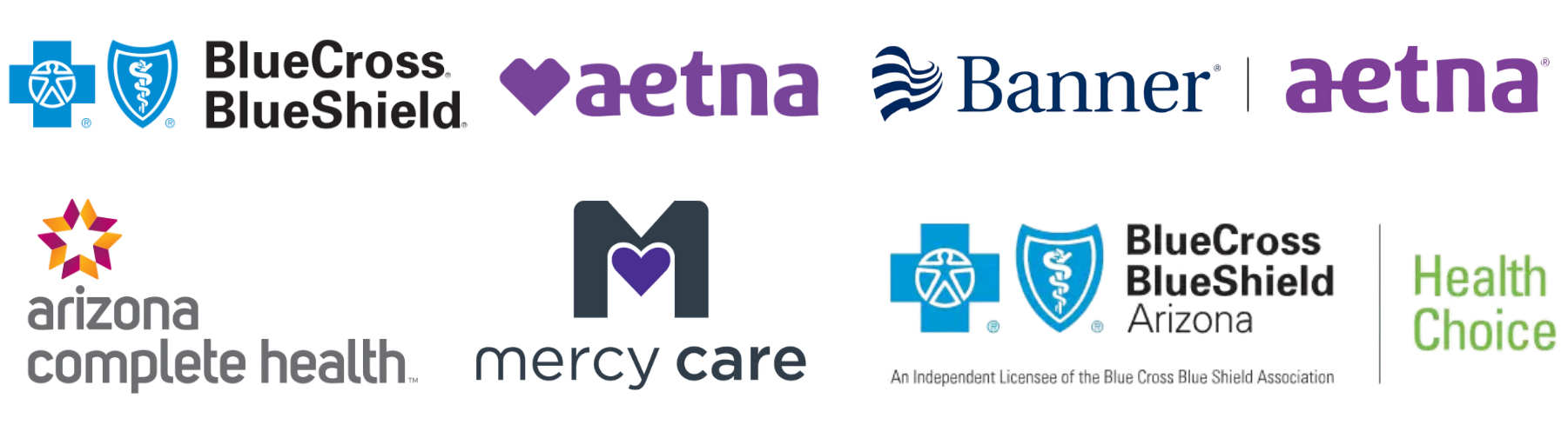 Collection of logos for healthcare organizations and insurance providers, including BlueCross BlueShield, Aetna, Banner, Arizona Complete Health, Mercy Care, and Health Choice.