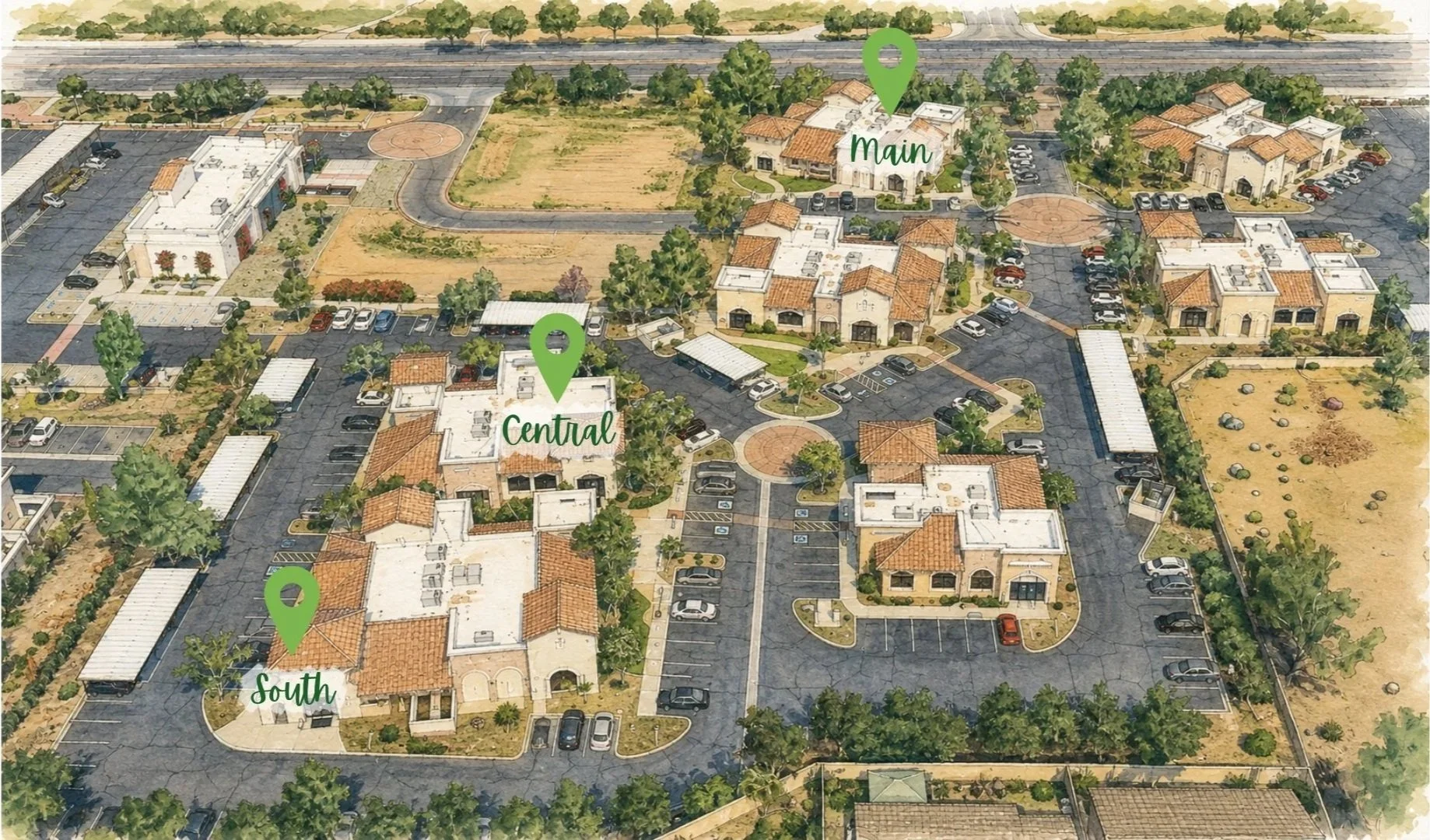 Aerial view of the BloomKidz medical plaza with parking lots, palm trees, and buildings with Spanish-style tile roofs, labeled with green tags for 'Main,' 'Central,' and 'South'.