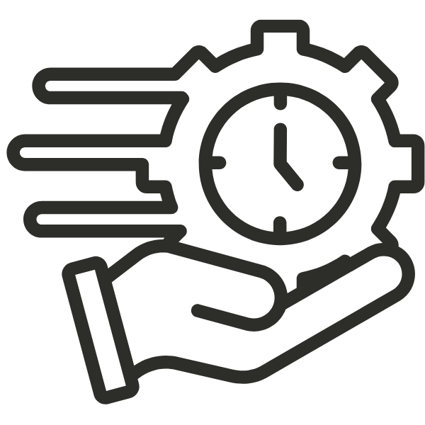 Outline of a hand holding a gear with a clock in the center, indicating time management or efficiency.