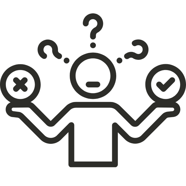 Illustration of a person confused, balanced between correct and incorrect choices, with question marks above their head