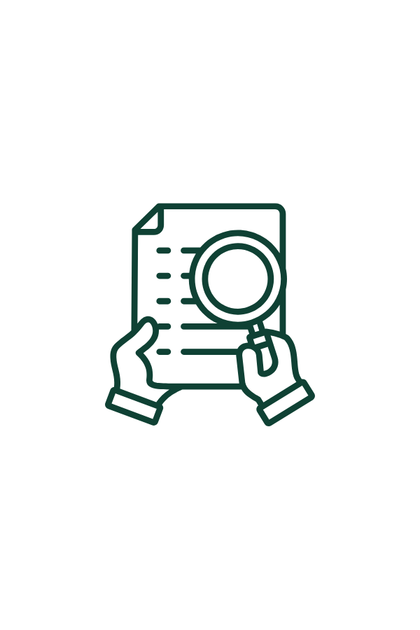 Outline illustration of hands holding a document with a magnifying glass examining the content.
