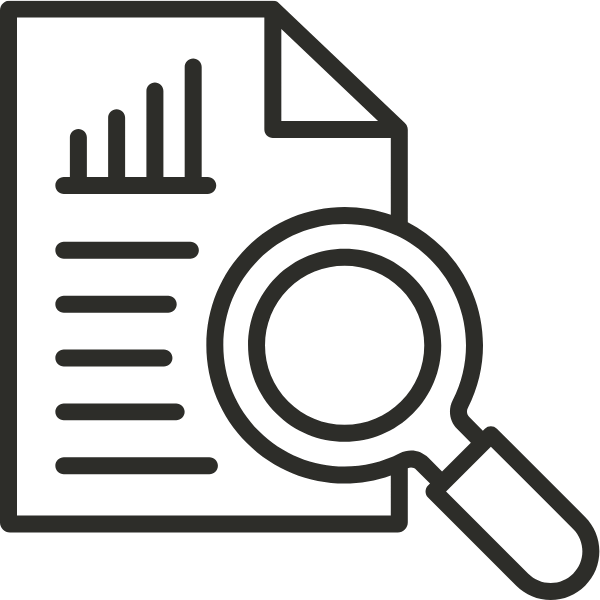 Outline of a report with a magnifying glass over it, showing text and a bar chart.