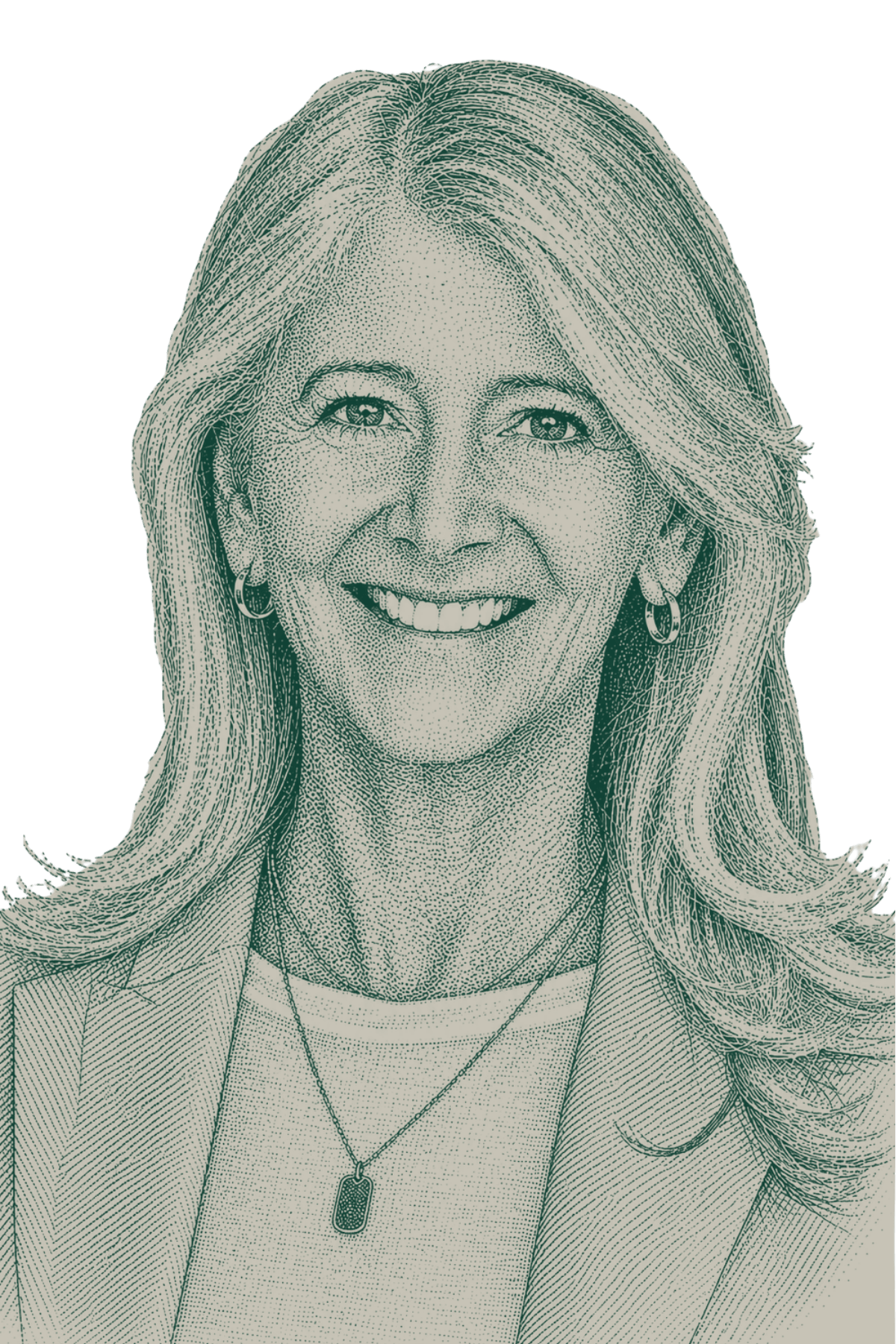 A detailed line art style illustration of a smiling older woman with long hair, earrings, a necklace, and a blazer.