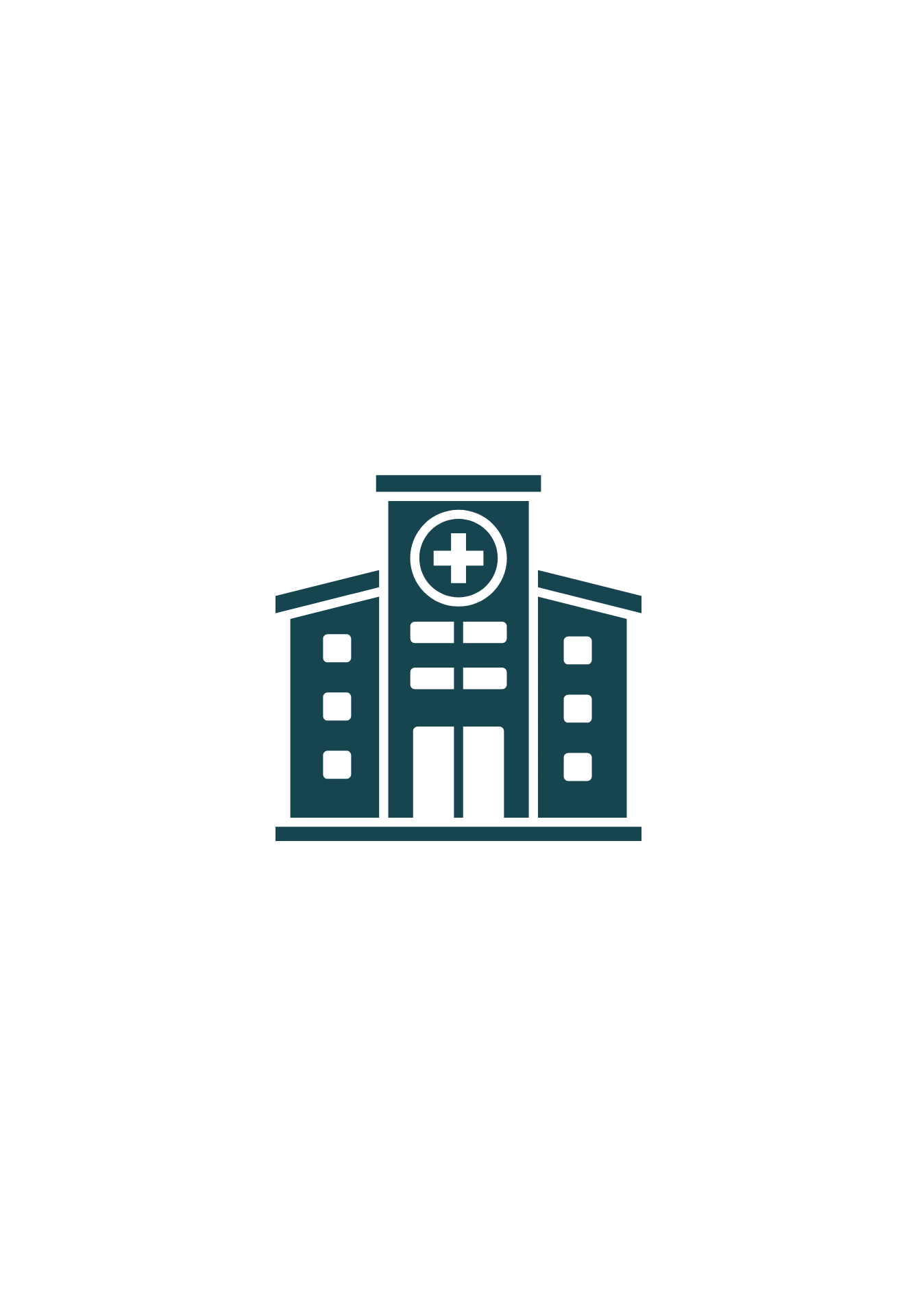 Une illustration minimaliste d'un bâtiment d'hôpital, avec une croix médicale au centre, en couleur bleu foncé sur fond noir.