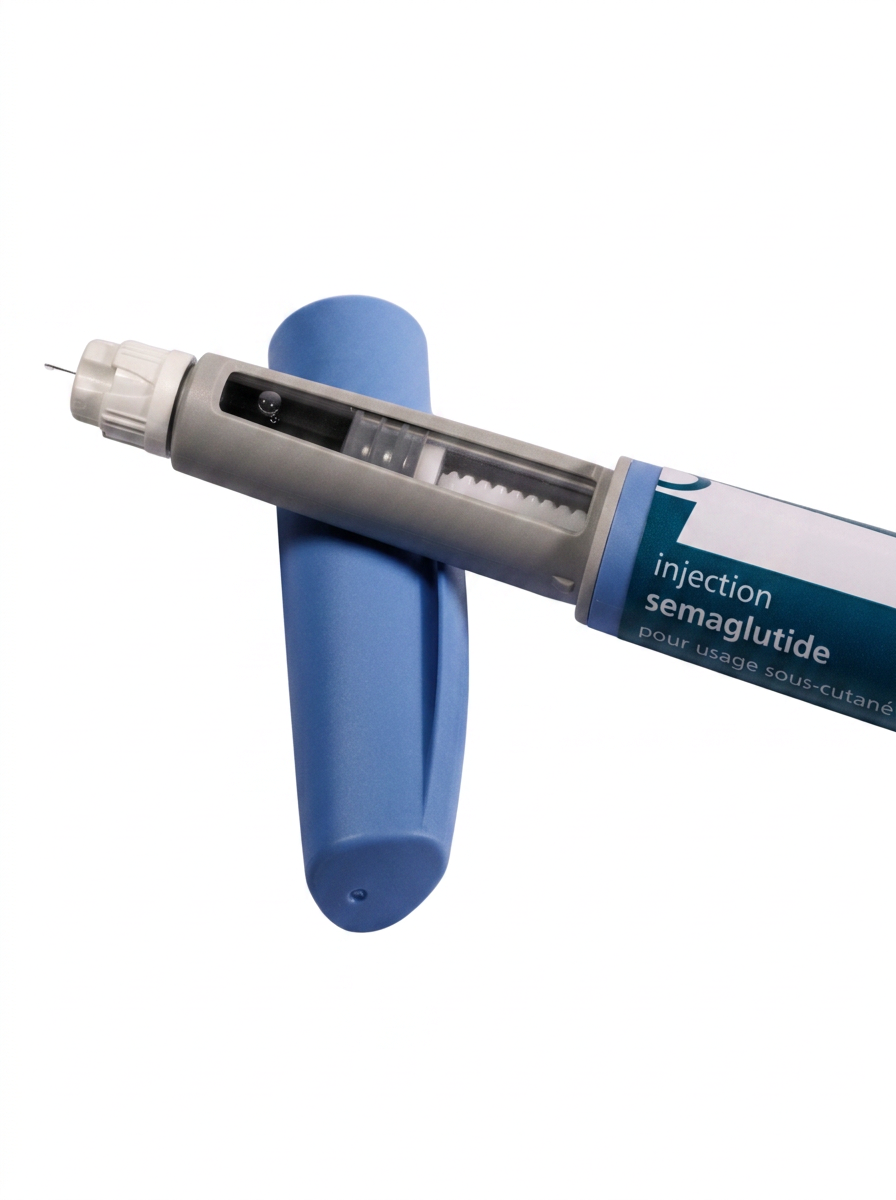 Une seringue avec un flacon de médicament nommé 'semaglutide' pour usage sous-cutané, posée sur un fond blanc.
