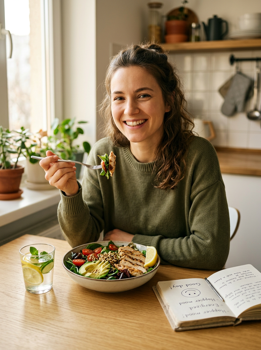 Une femme souriante avec des cheveux bouclés courts mangeant une salade dans une cuisine ensoleillée, avec un verre d'eau citronnée sur la table et un livre ouvert à côté.