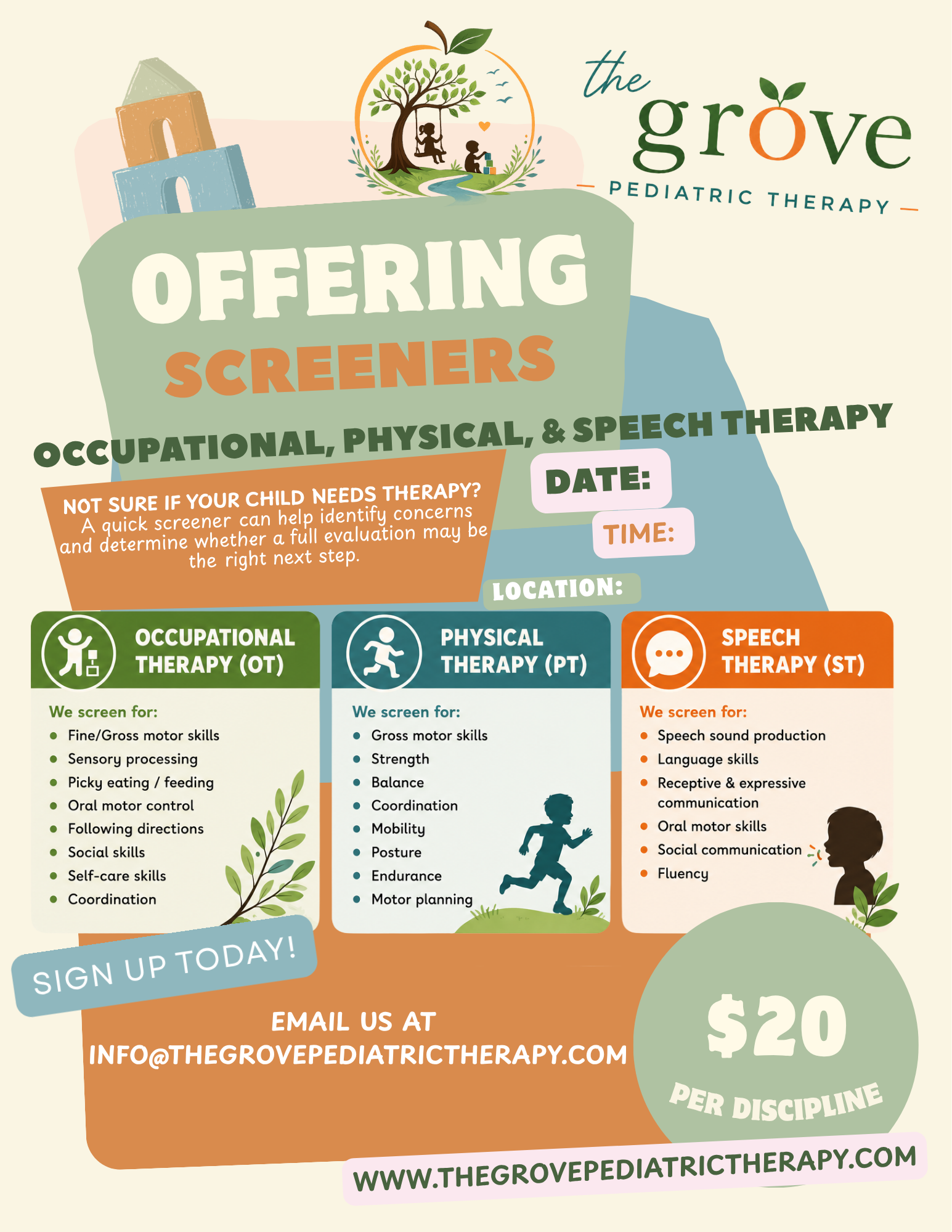 Flyer for The Grove Pediatric Therapy offering occupational, physical, and speech therapy. Features a logo with children on a swing under a tree, and sections detailing therapy screening benefits, contact information, and pricing.