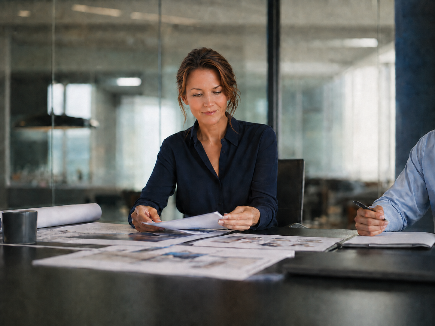 Woman business leader reviewing organized project documents in a professional office setting.