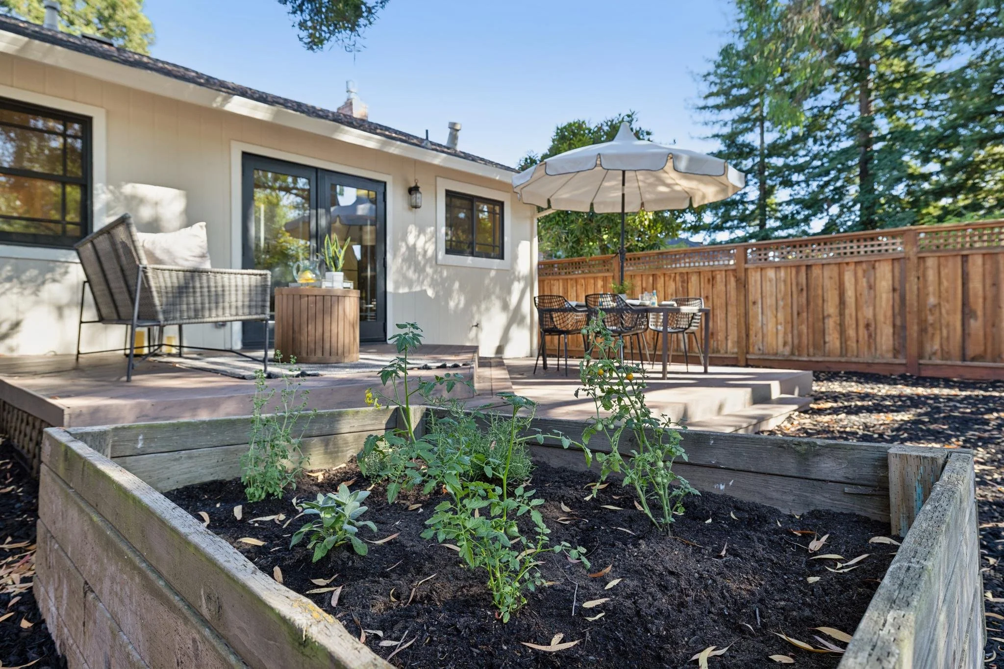A backyard patio with a garden bed in the foreground, containing young plants. There is a white house with black-framed windows and a sliding glass door, with an outdoor dining table, chairs, and an umbrella on the patio, surrounded by a wooden fence