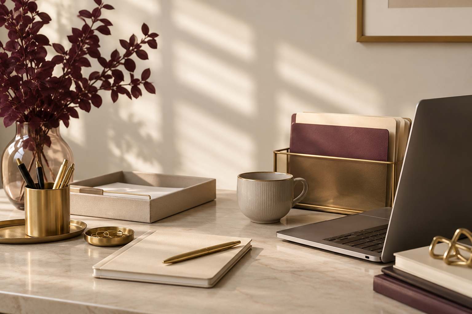 A well-organized workspace with a vase of burgundy leaves, gold and black pens in a gold holder, a notebook with a gold pen, a coffee mug, a laptop, and a gold file holder with folders on a marble desk, with sunlight casting shadows.