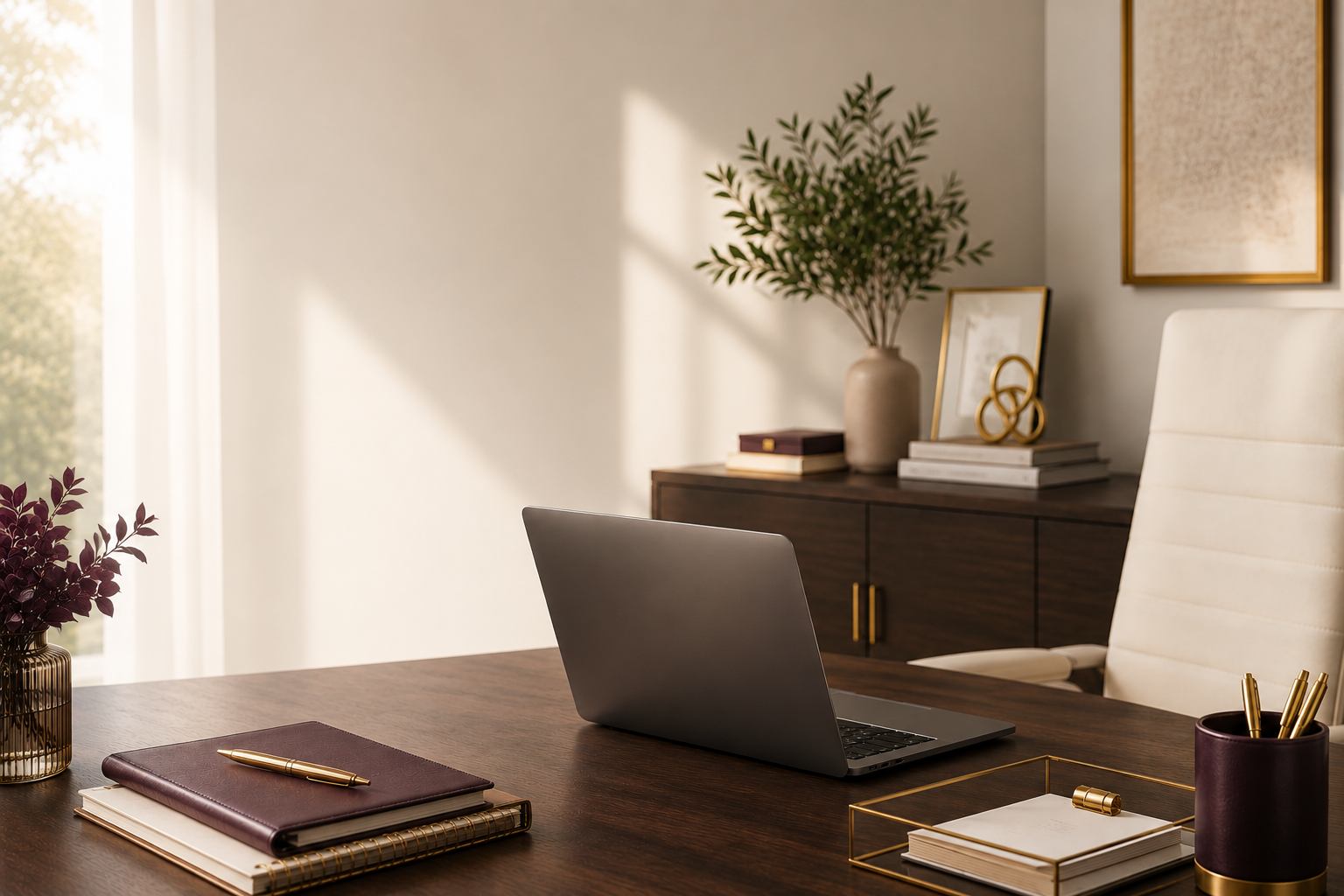 An organized home office desk with a closed laptop, notebooks, and pens, set in a room with warm natural light and decorative wall art.
