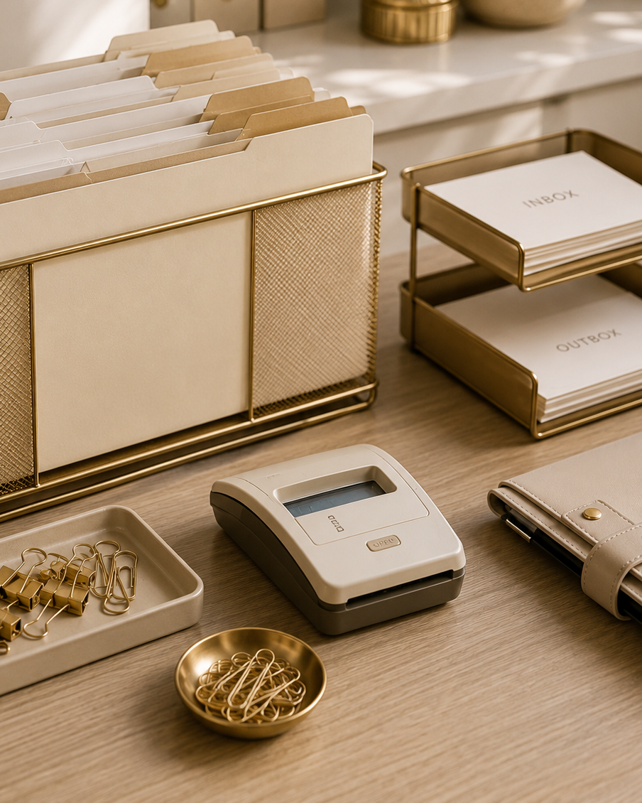 Desk organizer with labeled folders, a label maker, a tray of paper clips and binder clips, a pen holder, and a notebook.