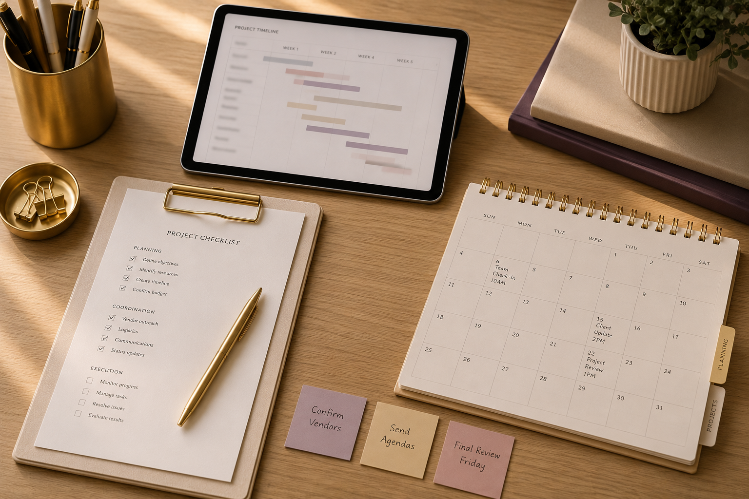 A workspace with a digital tablet displaying a project timeline, a calendar with scheduled events, a project checklist with tasks marked off, a gold pen, a gold pen holder with pens, small paper notes that say 'Confirm Vendors,' 'Send Agendas,' and 'Final Review Friday,' a potted plant, and neatly stacked folders.