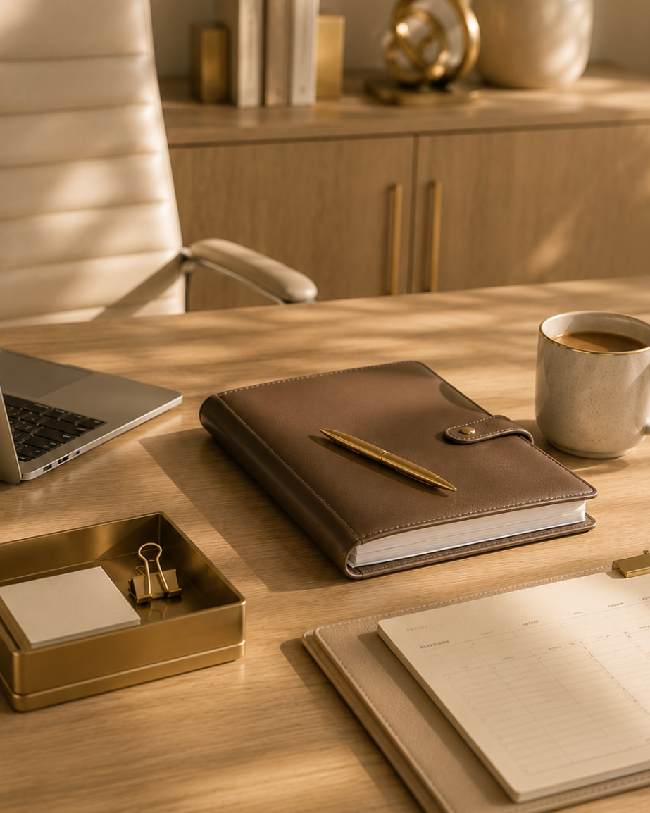 Office desk with a laptop, a leather planner, a gold pen, a cup of coffee, a gold tray with sticky notes and a binder clip, and a notepad, all in warm lighting.