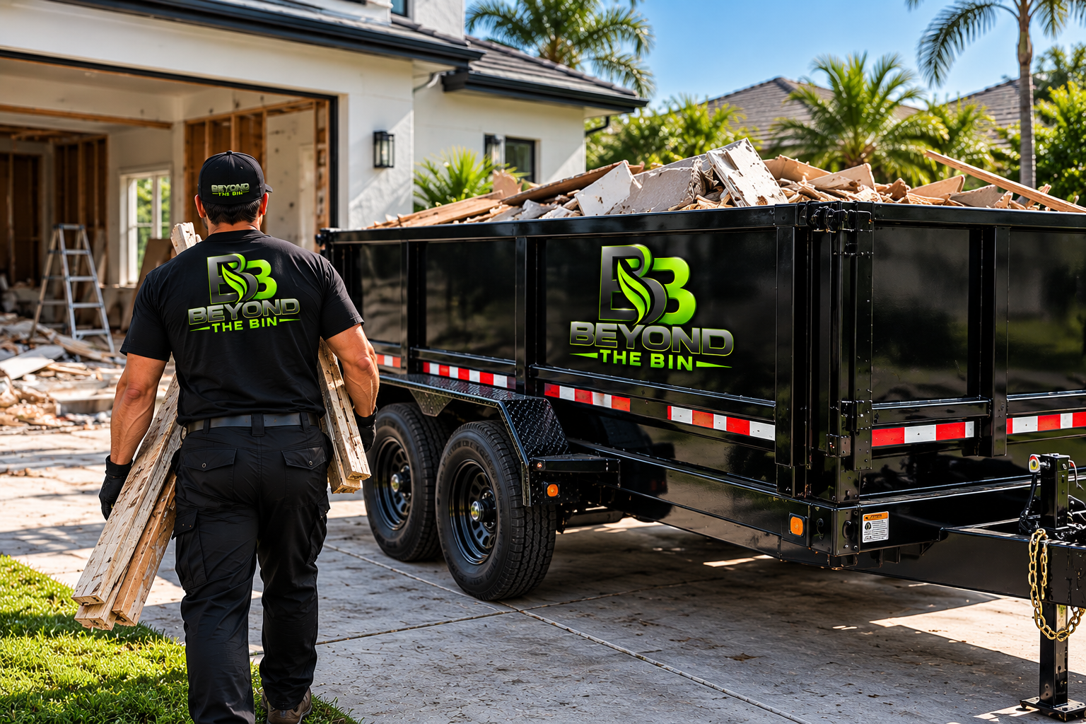 A worker carrying wooden planks stands near a black trailer filled with debris in front of a house under renovation, with palm trees in the background.
