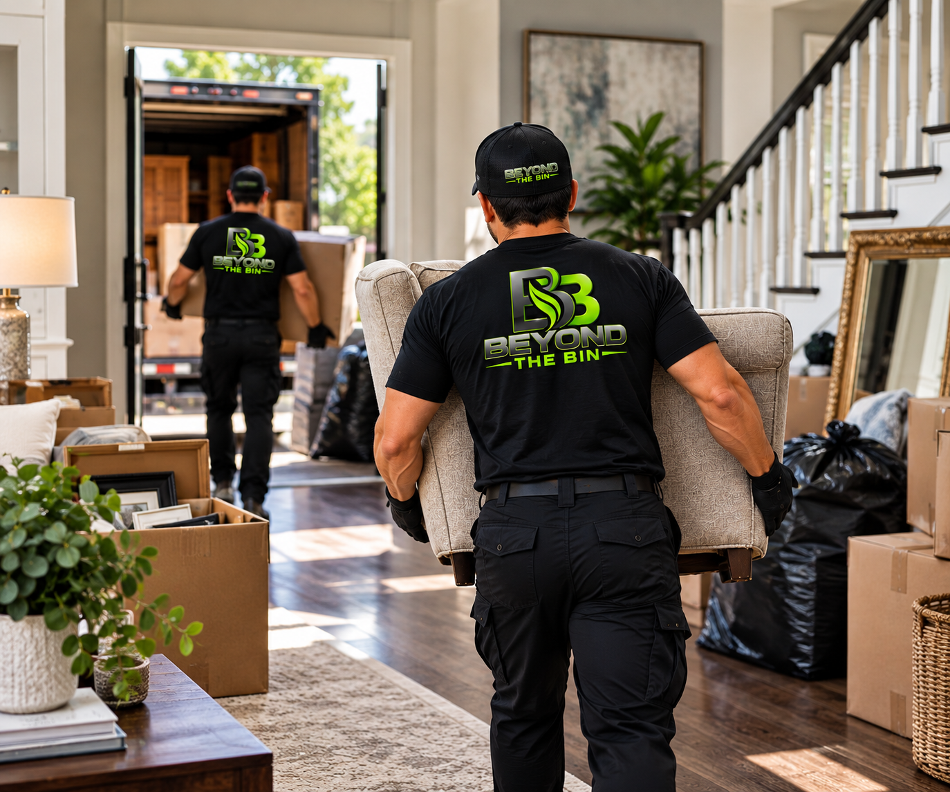Beyond the Bin property cleanout crew removing furniture from an Orlando home