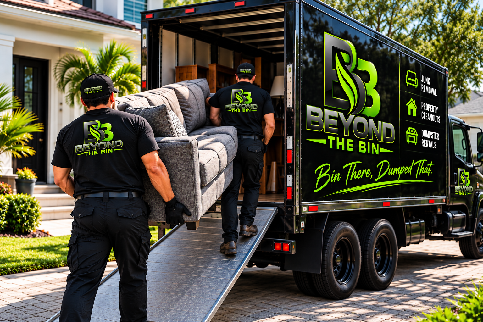 Two workers unloading a sofa from a moving truck labeled 'Beyond the Bin' in a residential neighborhood with a house and garden.