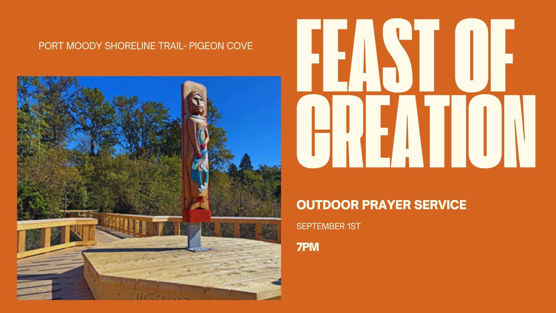 Poster for an outdoor prayer service at Port Moody Shoreline Trail in Pigeon Cove on September 1st at 7 PM, featuring a wooden totem pole sculpture on a scenic outdoor deck with trees and blue sky in the background.