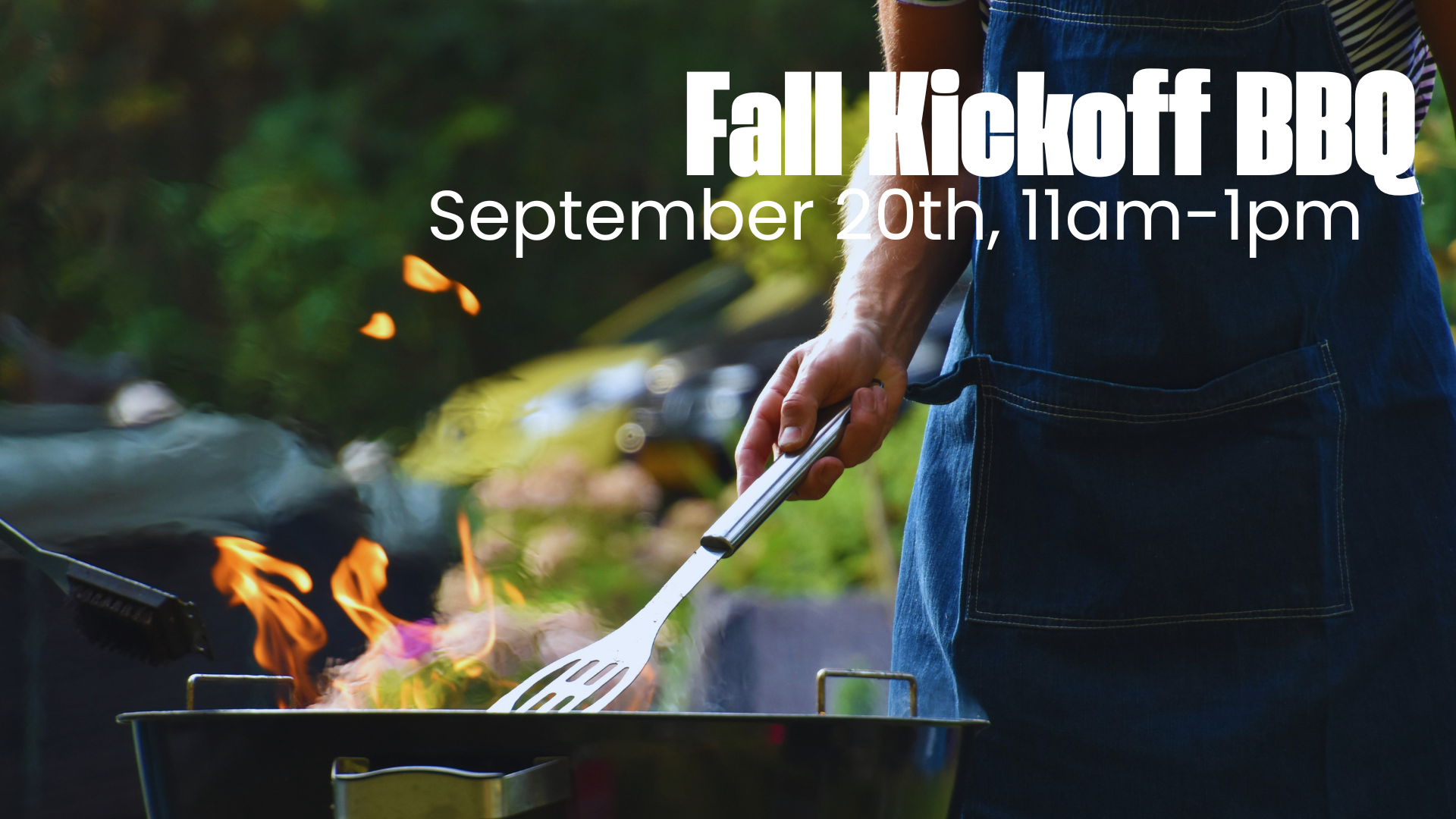 Person grilling food on an outdoor barbecue grill during the fall, with text overlay about a fall kickoff barbecue event on September 20th from 11 am to 1 pm.