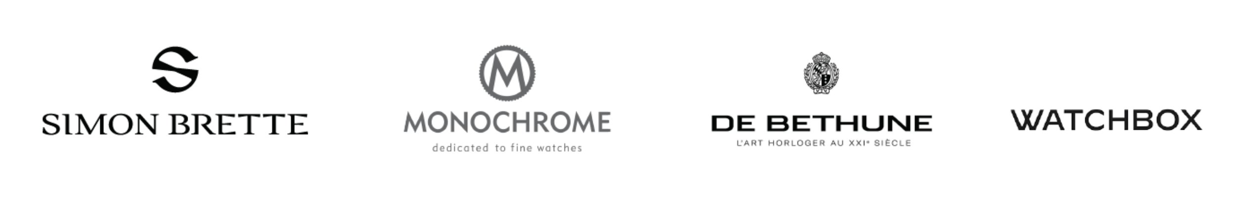 Logos of Simon Brette, Monochrome, De Bethune, and Watchbox on a white background.